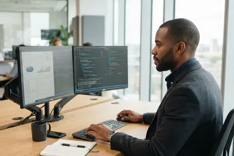 Un professionnel devant deux écrans, tableaux de bord et code à l'affichage