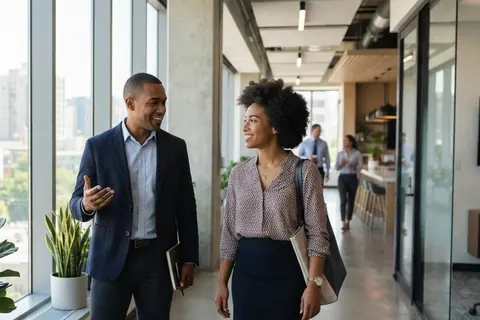 Deux collègues qui échangent en marchant dans les bureaux